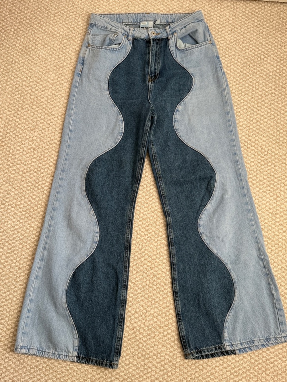 Two-Tone Wave Panel Wide-Leg Jeans - Light & Dark Blue